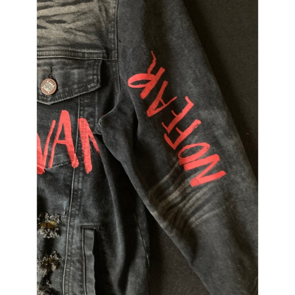 DEMOLITION Men's Distressed Black Denim Jacket Red Graphic Ripped Punk Size M - Picture 4 of 15